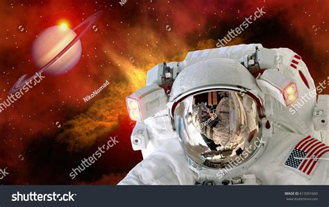 Astronaut Planet Saturn Spaceman Helmet Stars Stock Photo 613391660