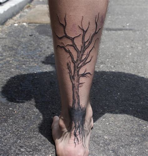 Black Illustrative Tree On Calf Tattoo By Ben Licata Tattoonow