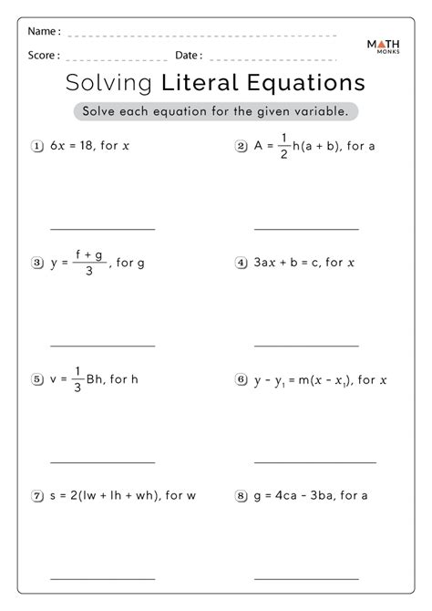Literal Equations Worksheets Math Monks
