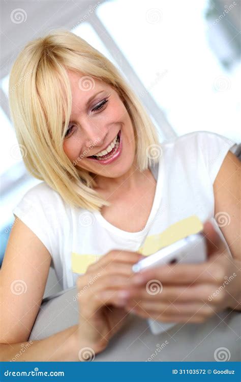 Cheerful Girl Using Smartphone Stock Photo Image Of Single Enjoying