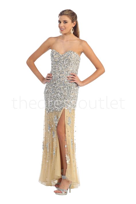 Nude Full Rhinestone Embellished Drop Waist Prom Gown Tulle Strapless