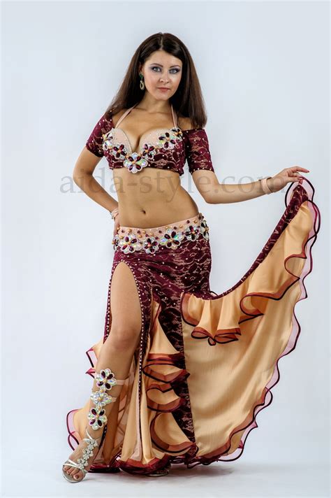 professional belly dance costume for sale with golden flounces and stones belly dance outfit