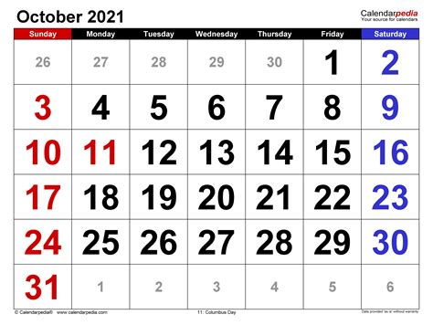 October 2021 Calendar Templates For Word Excel And Pdf