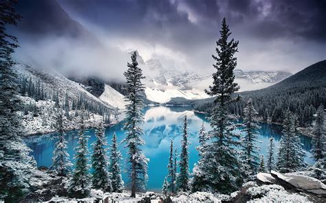 Kanada Banff Ulusal Parkı Göl Ağaçlar Dağlar Kanada Kış Hd Duvar