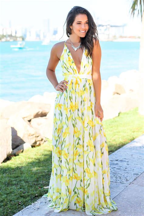 White And Yellow Floral Maxi Dress With Criss Cross Back Maxi Dresses