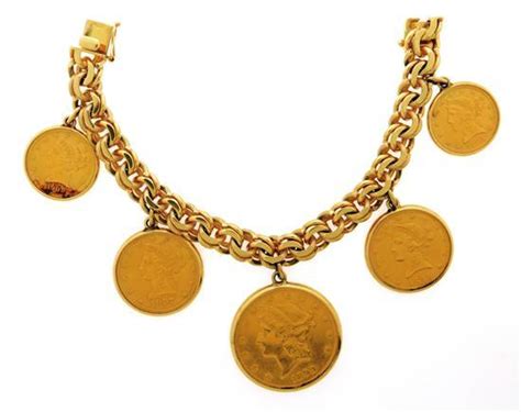 Lot Jewelry 14k Gold Coin Bracelet With Box Safety Clasp Stamped