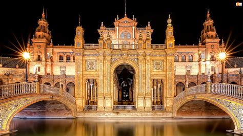 Zwiedzaj i poznawaj kulturę hiszpania wycieczki objazdowe. Sewilla, Plac Hiszpański, Noc, Hiszpania, Most, Bu