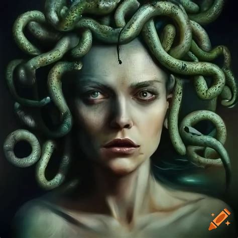 Medusa Head With Snakes Instead Of Hair Hyper Realistic Mystic Chiaroscuro Painting