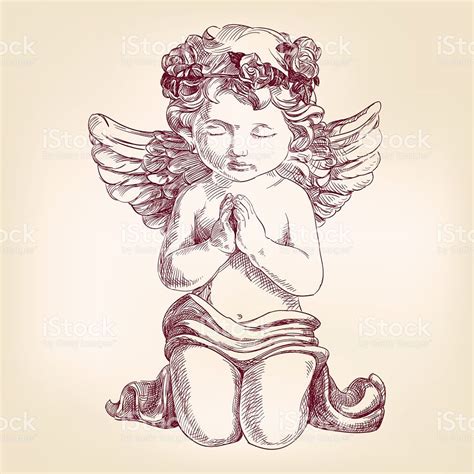 Angel Prays On His Knees Hand Drawn Vector Llustration Realistic Royalty Free Stock Vector Art