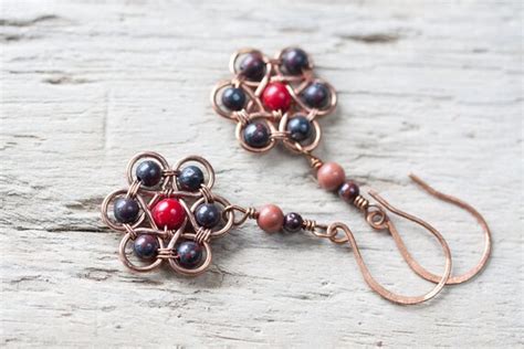 Items Similar To Wire Wrapped Flower Earrings Black And Red Jasper