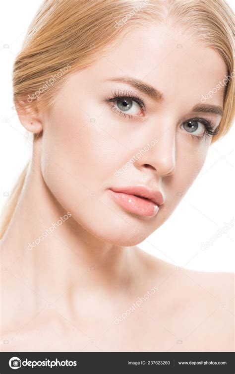 Beautiful Naked Blonde Woman Looking Camera Isolated White Stock Photo