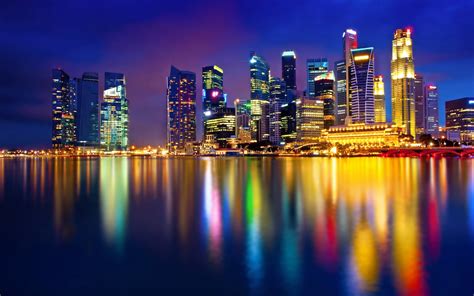 Wallpaper Colorful City Cityscape Night Singapore Water