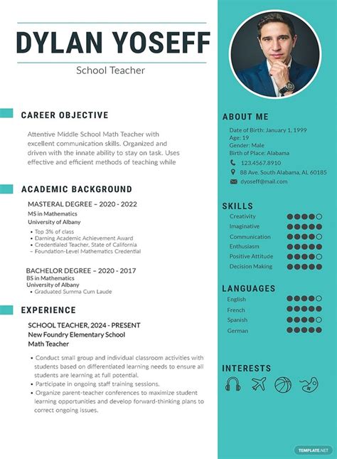 A Blue And Green Resume Template With An Image Of A Man In A Suit On It