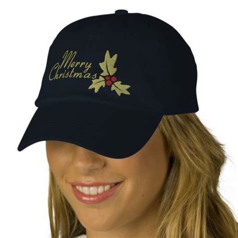 Merry Christmas Holly And Berries Embroidered Baseball Hat Zazzle