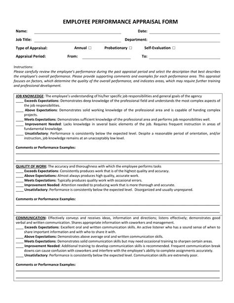 Performance Appraisal Form Template Word Hq Printable Documents