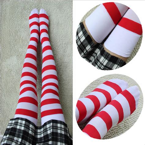 Striped Kawaii Thigh High Stockings Red White Cosplay Stockings Over