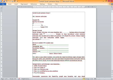Dengan surat lamaran pekerjaan pihak perusahaan bisa membaca dan menebak karakter dari pelamar kerja. Contoh Surat Lamaran Kerja File Microsoft Word - toriqoel