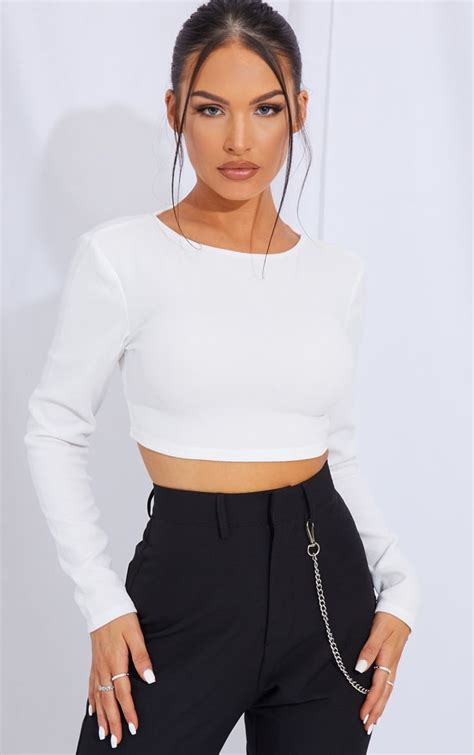 white crepe backless long sleeve crop top white long sleeve shirt outfit long sleeve crop top
