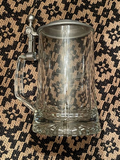 Vintage Etched Glass Beer Stein Pewter Cover Ship Etsy