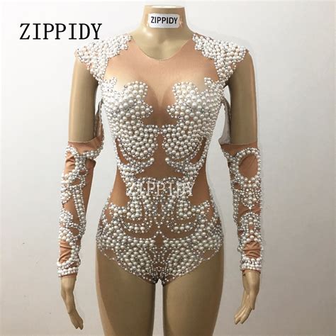 Sparkly Crystals Nude Bodysuit Women Nightclub One Piece Outfit Party