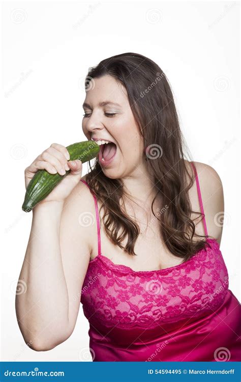 Overweight Woman With Cucumber Stock Image Image Of Cucumber Singing
