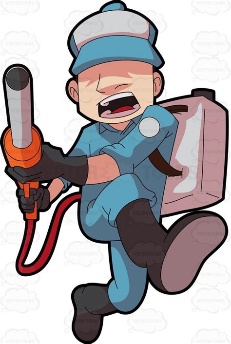 Exterminator in blue protection uniform, pest control service cartoon vector illustration. A Male Pest Exterminator In Action With A Defogger ...