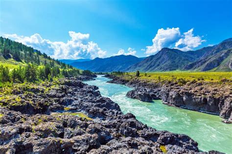 Katun River With Rapids Gorny Altai Siberia Russia Stock Photo