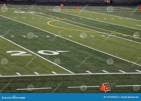 Overview Of 20 Yard Line On Football Field Of Local High School Stock