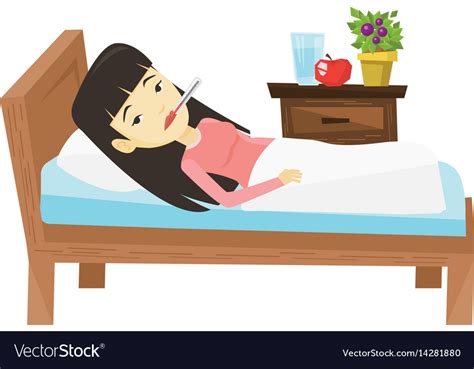 Sick Woman With Thermometer Laying In Bed Vector Image