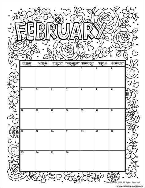 February Coloring Calendar Coloring Page Printable