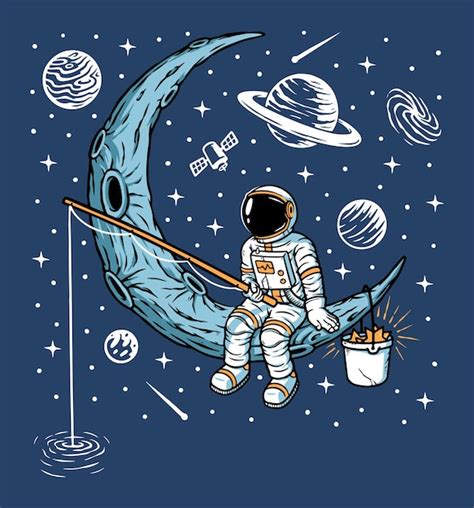 Premium Vector Astronauts Fishing On The Moon Illustration