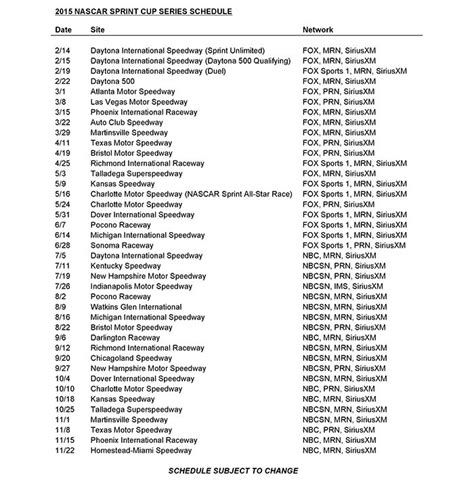 Talladega superspeedway will no longer host the round 2 elimination race of the chase for the sprint cup, instead exchanging places with kansas speedway on the 2017 schedule and moving to the opening. NASCAR Announces 2015 National Series Schedules ...