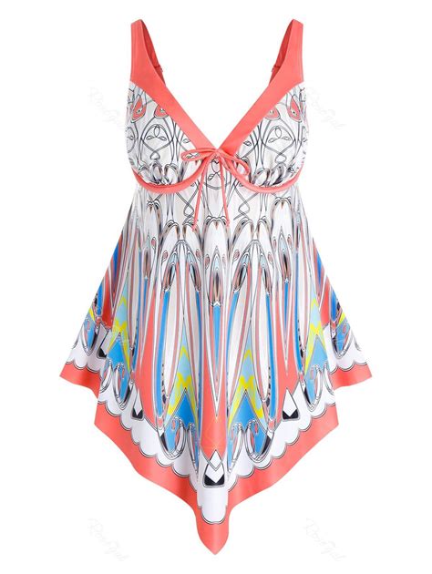 Plus Size Asymmetrical Print Tie Underwire High Rise Tankini Swimwear