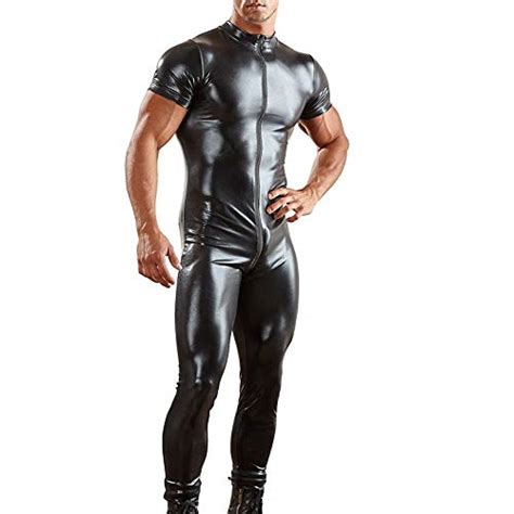 Mens Sexy Wet Look Bodysuit Jumpsuit Faux Leather Leotard Zipper