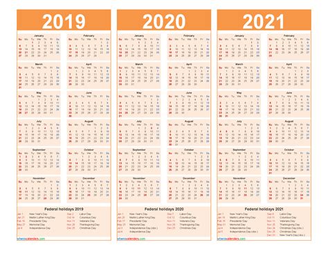Printable Calendar 2019 2020 2021 With Holidays
