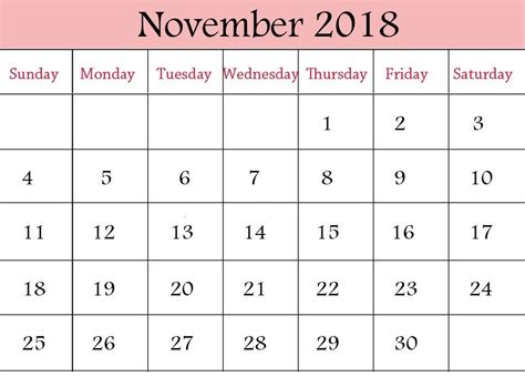 November 2018 Blank Calendar Printable Pdf Word Excel Calendar