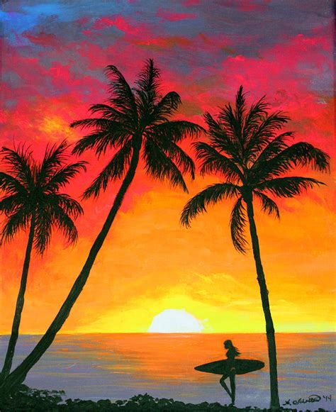 Tropical Sunset Surfer Painting By Amy Scholten