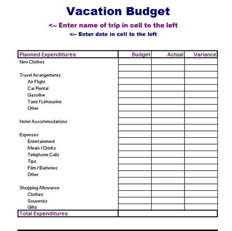 pin  vacation budget templatestock card templales