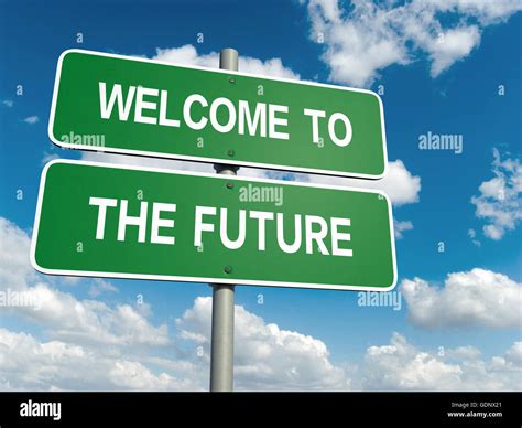 A Road Sign With Welcome To The Future Words On Sky Background Stock