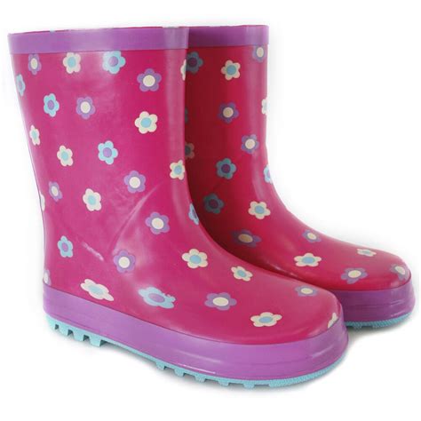 Girls Pink Floral Wellington Boots Kids Flower Welly Childrens Rain