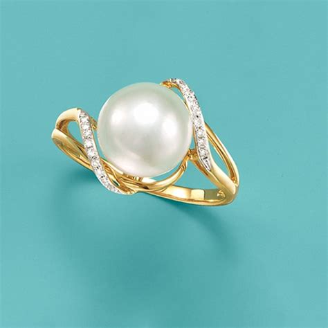10 105mm Cultured Pearl Wave Ring With Diamond Accents In 14kt Yellow