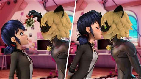 Marinette And Chat Noir Are Kissing Under The Mistletoe Merry Christmas