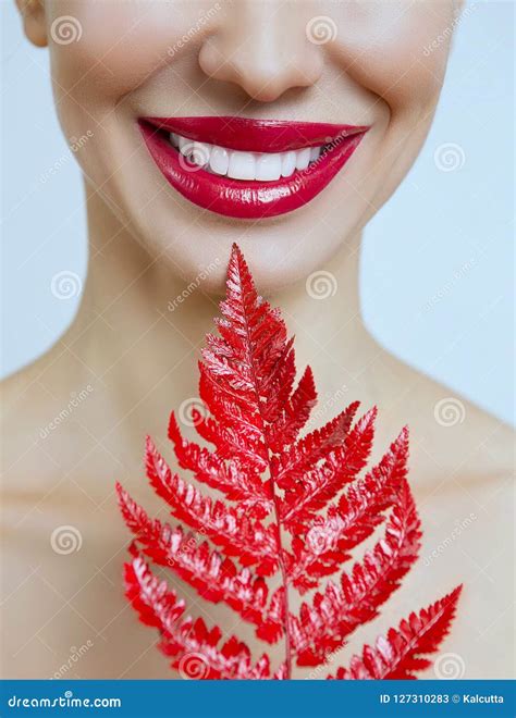een vrouw met sensuele rode lippen en een varen stock afbeelding image of rood mooi 127310283