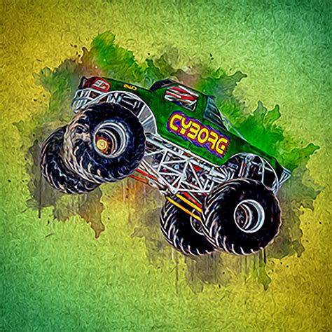 Cyborg Monster Truck Poster Design Ready To Print Watercolor