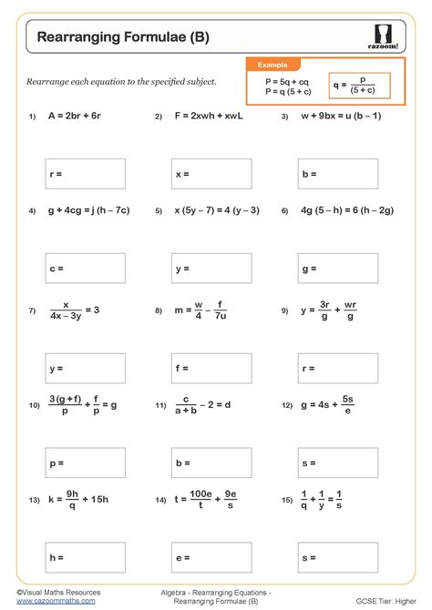 Rearranging Formulae B Worksheet Cazoom Maths Worksheets