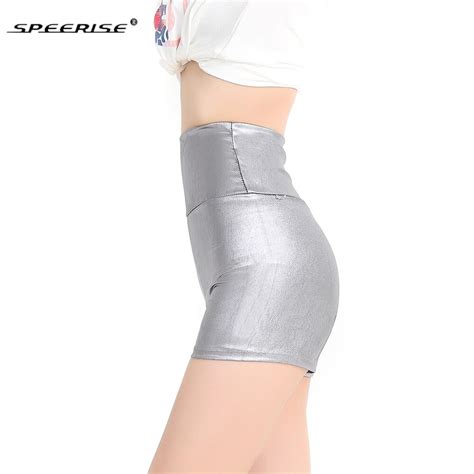 Speerise Women High Waisted Shorts Shinny Metallic Dance Thin Black Plus Size Lycra Spandex