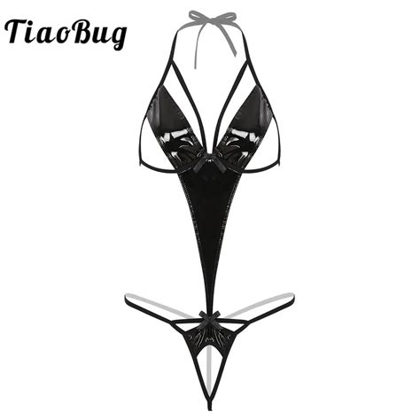 tiaobug women wetlook black patent leather hot sexy lingerie halter crotchless mini g string