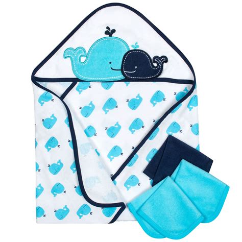 Gerber Baby Terry Hooded Towel And Washcloths Whale 4 Piece Bath Set