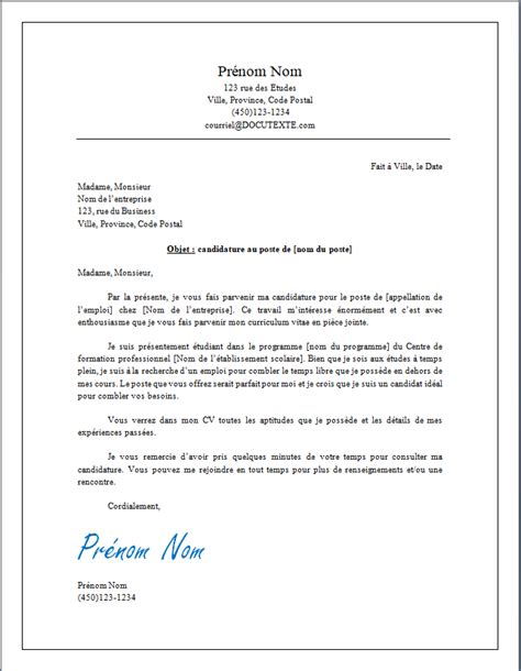 Lettre De Présentation Pour Une étudiante Qui Postule Pour Un