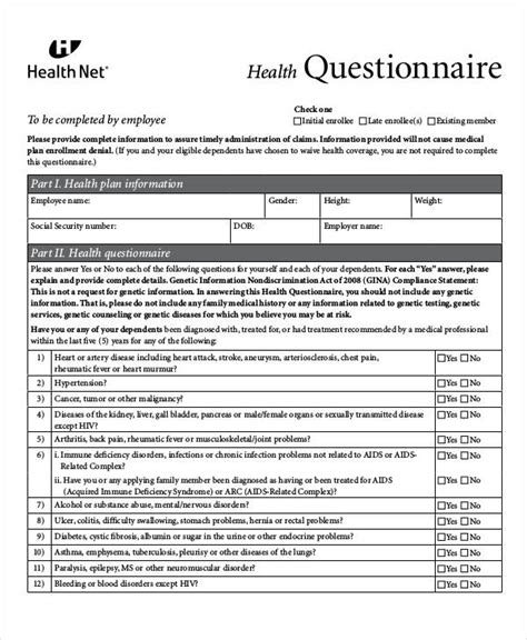 Medical Questionnaires 9 Examples Format Pdf